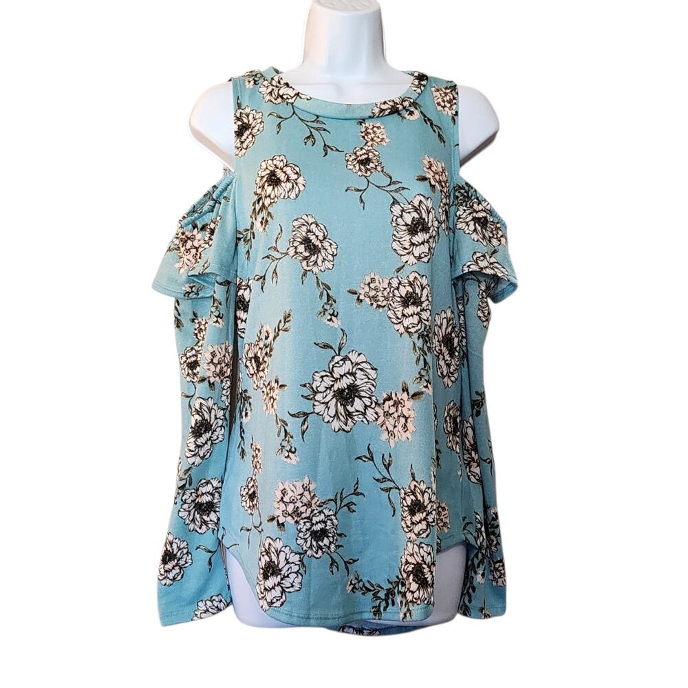 NEW Kristin Nicole Womens Cold Shoulder Sweater Size M Blue Floral Ruffle Tunic